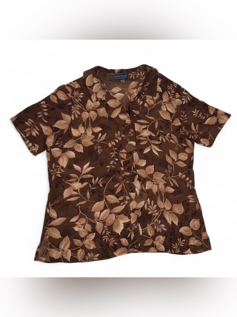 Laura Scott Brown and Tan Leaf Print Button-Down Shirt